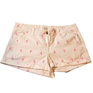 SO Heritage Women's White Pink Flamingo Print Shorts Size 9 Cotton Stretch